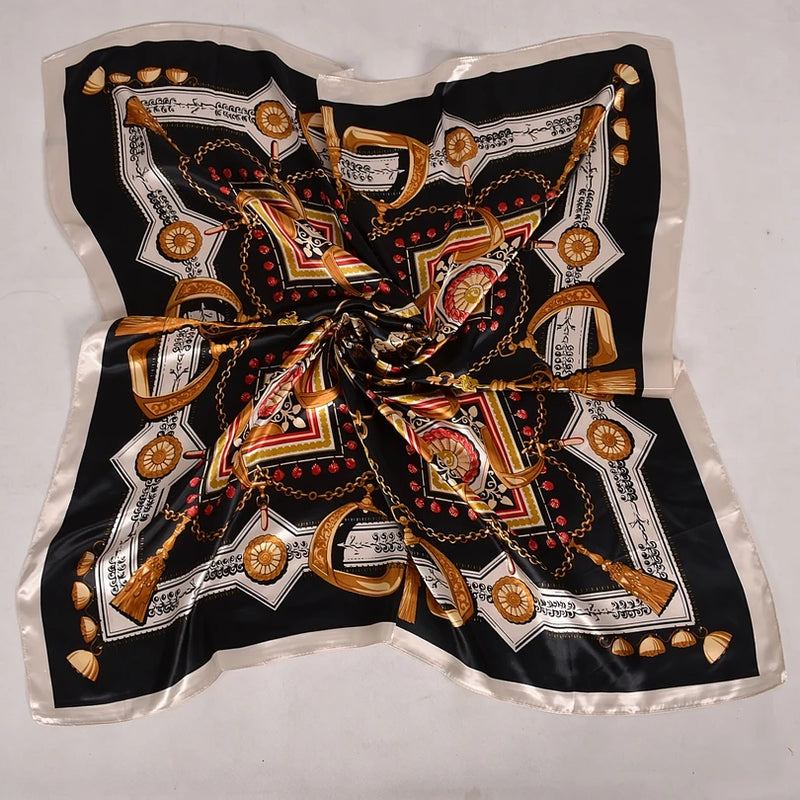 Anyyou Scarf for Women Gold Black Satin Silk Shawl Fashion Accessories Chain Flowers Pattern Autumn Winter Scarves