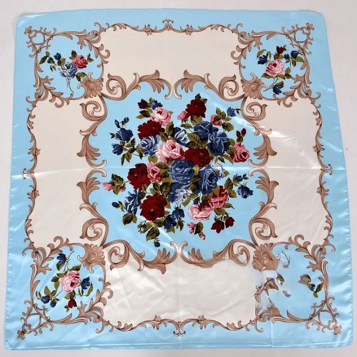 Anyyou Scarf for Women Rose Blue Floral Satin Silk Shawl Fashion Accessories Chain Flowers Pattern Autumn Winter Scarves