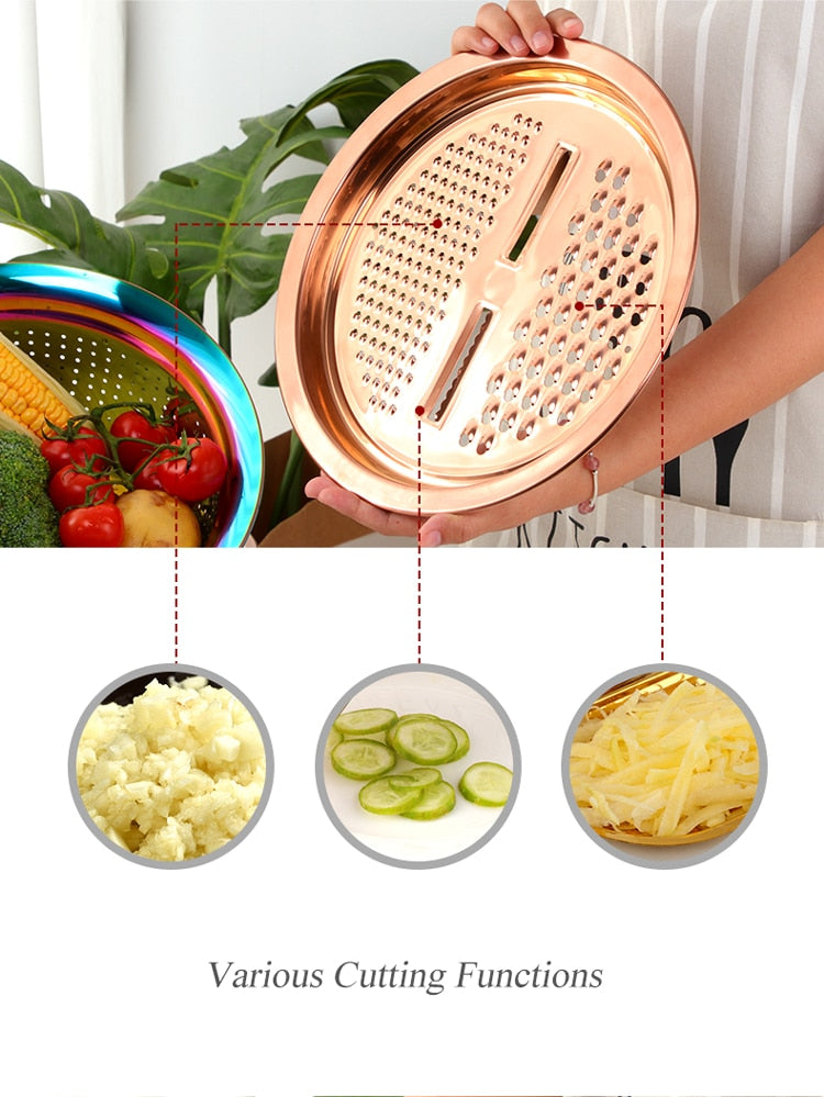 Anygleam Silver Stainless Steel Basket Strainer Bowl with Vegetable Cutter/ Slicer for Buffet and Restaurant Kitchenware