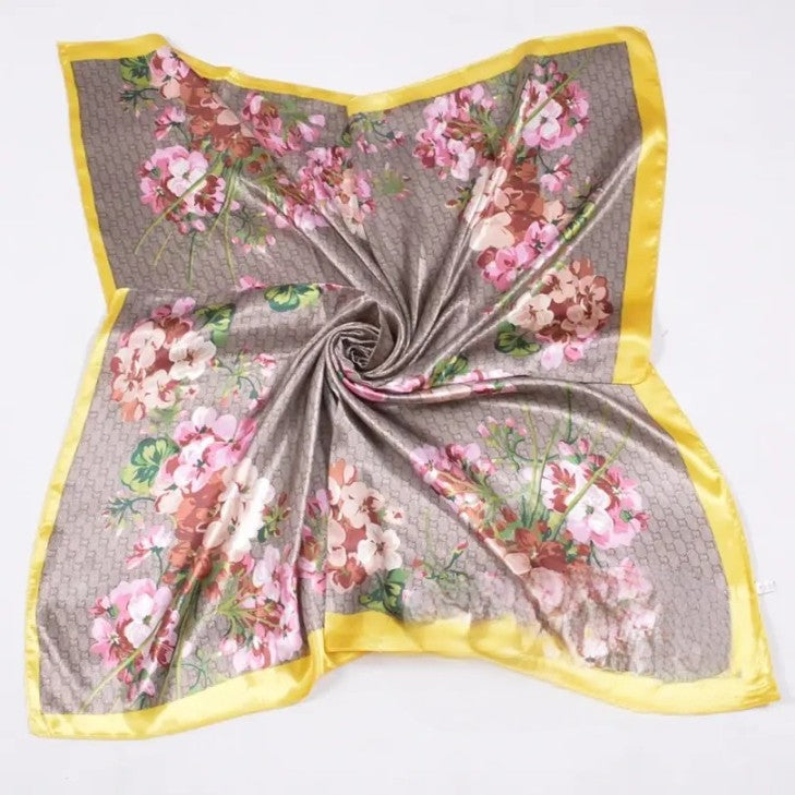 Anyyou Scarf for Women Floral Yellow Print Square Silk Shawl For Summer Spring And Fall
