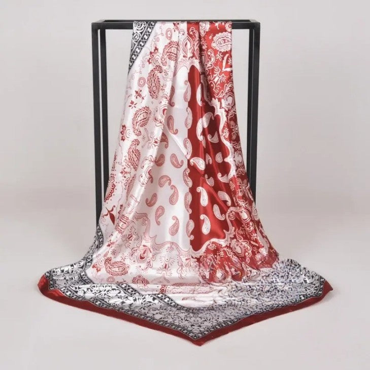 Anyyou Scarf for Women Wine Red Printed Square Silk Shawl For Summer Spring And Fall