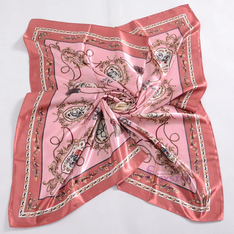 Anyyou Scarf for Women Elegant Pink Satin Silk Shawl Fashion Accessories Chain Flowers Pattern Autumn Winter Scarves