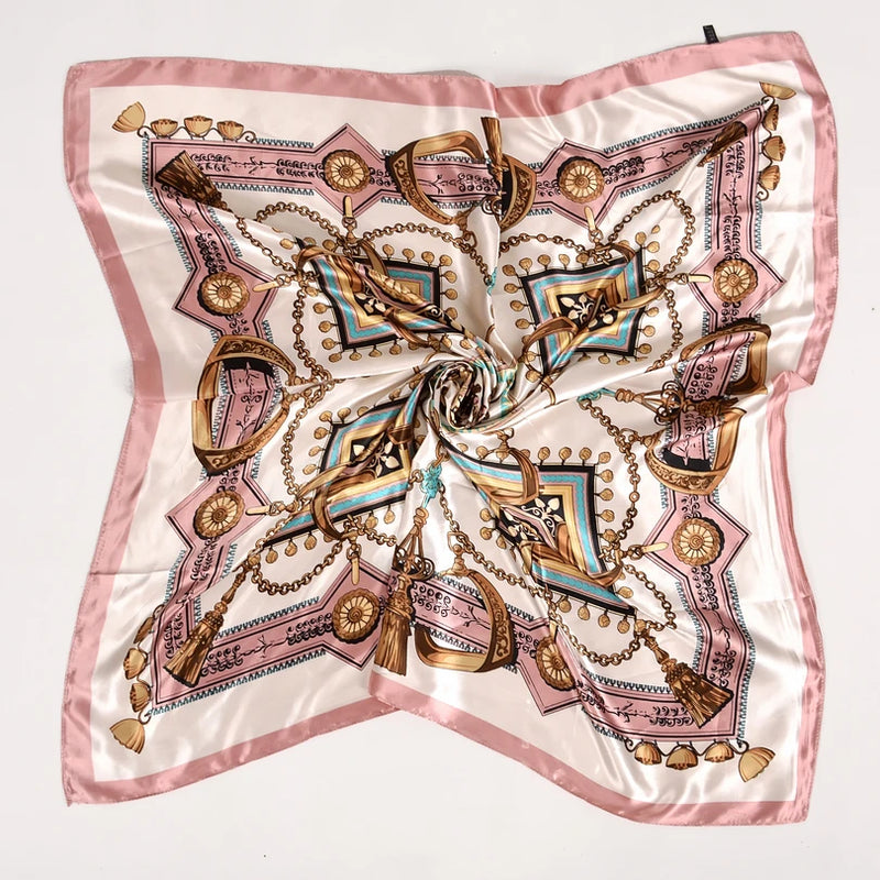 Anyyou Scarf for Women Girly Pink Printed Satin Silk Shawl Fashion Accessories Chain Flowers Pattern Autumn Winter Scarves