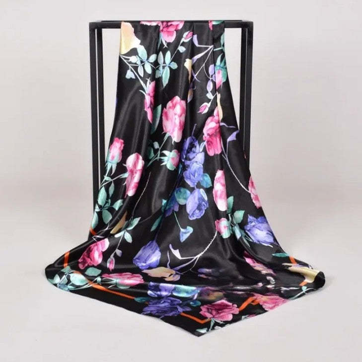 Anyyou Scarf for Women Black Pink Floral Printed Satin Silk Shawl Fashion Accessories Chain Flowers Pattern Autumn Winter Scarves