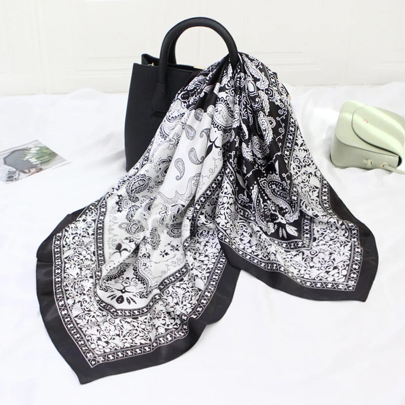 Anyyou Scarf for Women Black White Printed Square Silk Shawl For Summer Spring And Fall