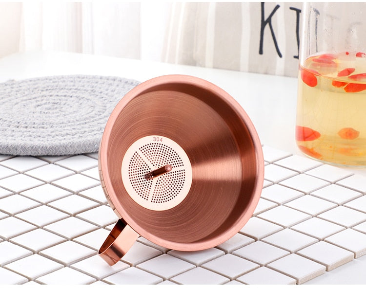 Anygleam Funnel with Detachable Strainer 2Pcs Rose Gold Stainless Steel with Wide Cone Mouth Funnel for Small Can Jar Kitchen Utensil