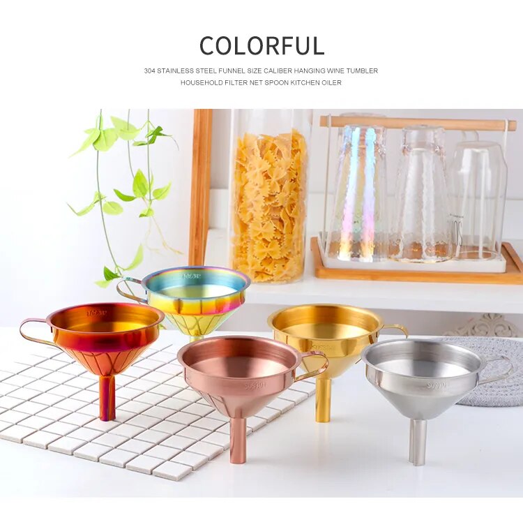 Anygleam Funnel with Detachable Strainer 2Pcs Rose Gold Stainless Steel with Wide Cone Mouth Funnel for Small Can Jar Kitchen Utensil