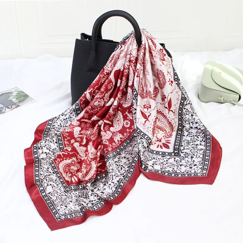 Anyyou Scarf for Women Wine Red Printed Satin Silk Shawl Fashion Accessories Chain Flowers Pattern Autumn Winter Scarves