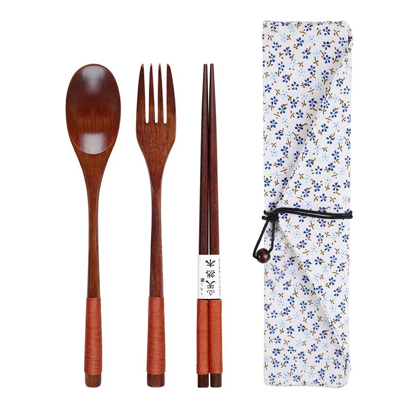 Anygleam 3pcs Orange White Pouch Set – Wooden Cutlery Travel Kit