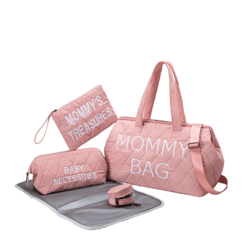 Anymom Mommy Diaper Bag Pink Handbag 5 pcs set with Portable Changing Pad Adjustable and Removable Strap Diamond Pattern Maternity Bag