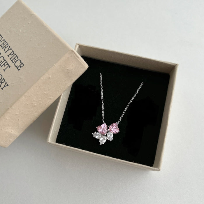 ANYCO Necklace 925 Silver for Women Snowflakes Pink Heart Pendant Cubic Zirconia 5A Rhodium Platting Jewelry