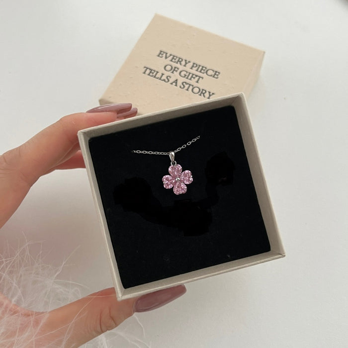ANYCO Necklace 925 Silver for Women Pink Heart Clover Leaf Pendant Cubic Zirconia 5A Rhodium Platting Jewelry