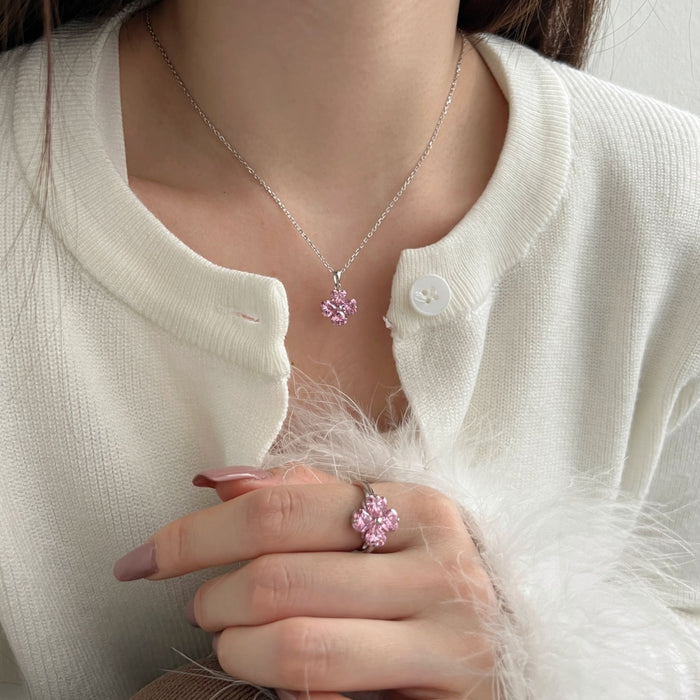 ANYCO Necklace 925 Silver for Women Pink Heart Clover Leaf Pendant Cubic Zirconia 5A Rhodium Platting Jewelry