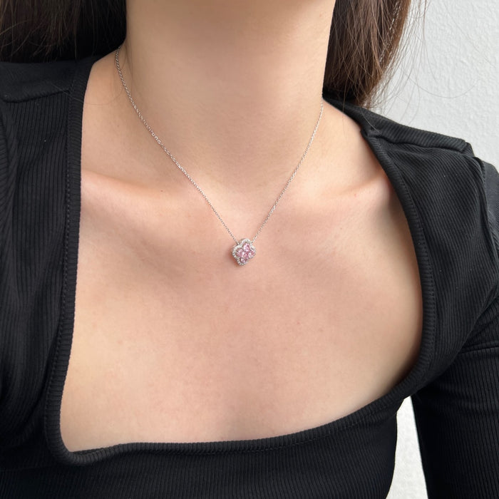 ANYCO Necklace 925 Silver for Women 4 Leaf Clover Pink Pendant Rhodium Platting Cubic Zirconia 5A Jewelry