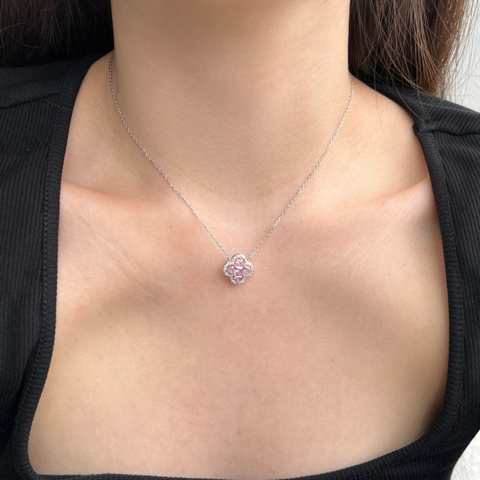ANYCO Necklace 925 Silver for Women 4 Leaf Clover Pink Pendant Rhodium Platting Cubic Zirconia 5A Jewelry