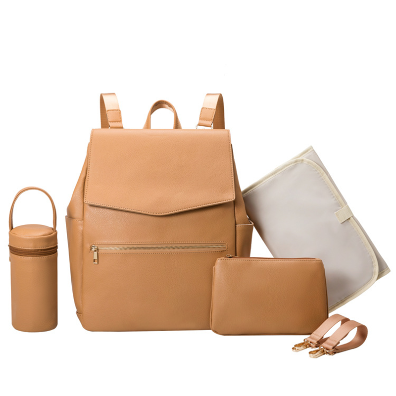 Anymom Mommy Diaper Bag Khaki 3Pcs Set PU Leather Backpack with Changing Pad