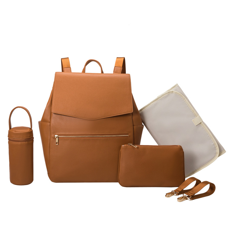 Anymom Mommy Diaper Bag Brown 3Pcs Set PU Leather Backpack with Changing Pad