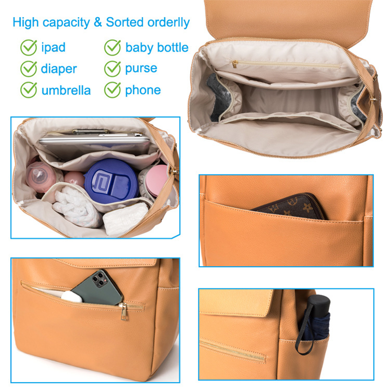 Anymom Mommy Diaper Bag Khaki 3Pcs Set PU Leather Backpack with Changing Pad