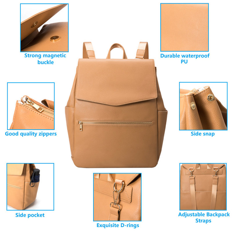 Anymom Mommy Diaper Bag Brown 3Pcs Set PU Leather Backpack with Changing Pad