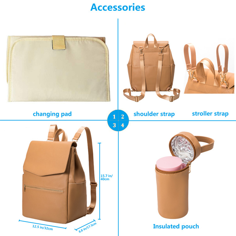 Anymom Mommy Diaper Bag Khaki 3Pcs Set PU Leather Backpack with Changing Pad