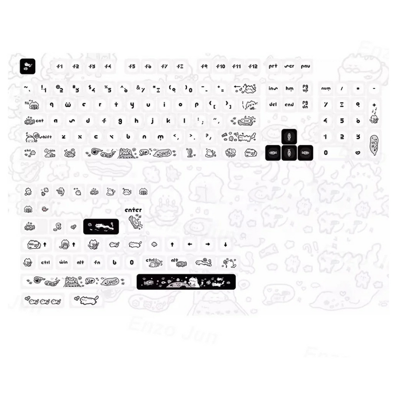 ANYMOB Keycap Keyboard Black White Cat 140 Keys Profile Black Cute Naughty Cat Switch Theme Layout