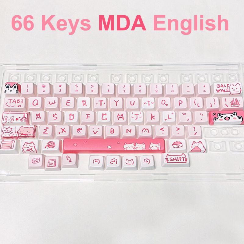 ANYMOB Keycap Keyboard Pink 66 Keys Cute Cat Theme Mechanical Sublimation Switch Clicks
