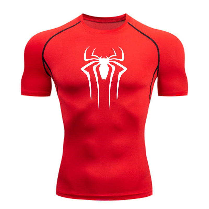 ANYMENS Fitness Tshirt Red With white Spider Print Gym Workout Compression Short Sleeve Quick Dry Athletic Tops Sportswear For men