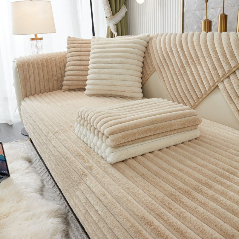 Anyseat Sofa Towel Super Soft Linear Camel Rabbit Plush Quilted Couch Cover L-shaped Sectional Anti-slip Sofa Cover