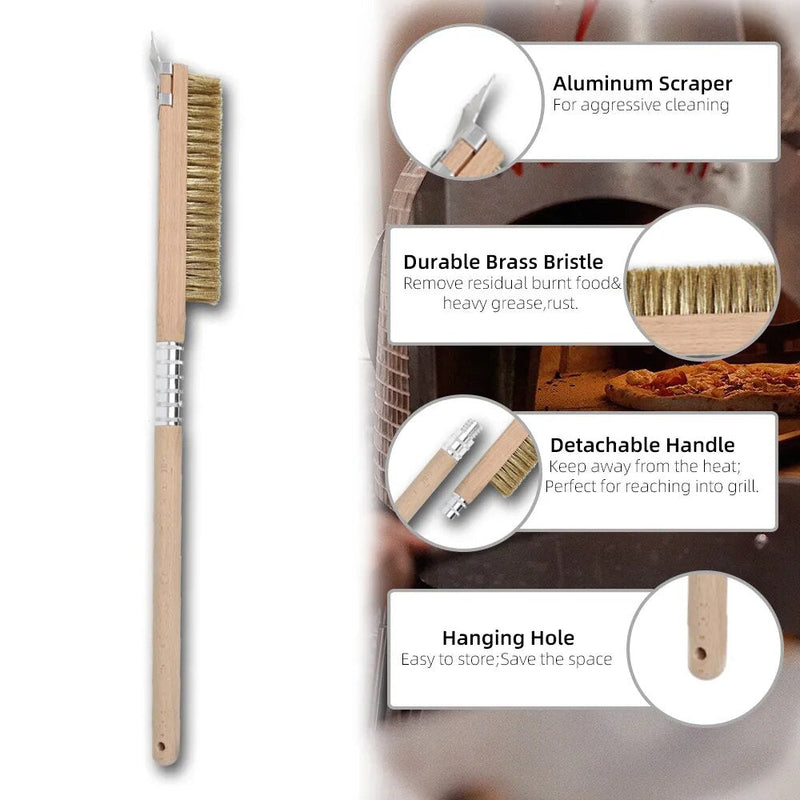 Anygleam Wooden 65cm Pizza Oven Copper Brush with Metal Scraper Tool Cleaning Accessories