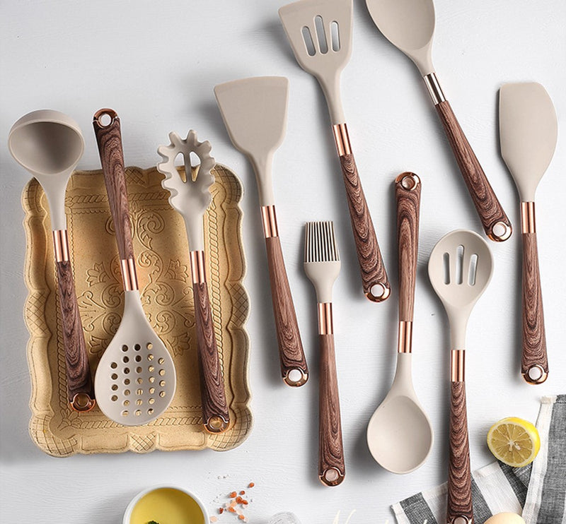 Anygleam Kitchen Utensils Non-stick Brown 12 Set Gold Plated Handle with Support Point and Storage Box Cooking Tool Accessories Heat Resistant Kitchenware