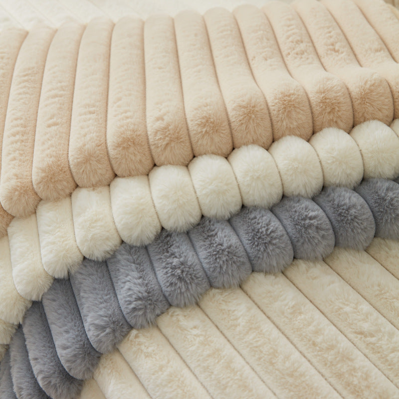 Anyseat Sofa Towel Super Soft Linear Beige Rabbit Plush Quilted Couch Cover L-shaped Sectional Anti-slip Sofa Cover