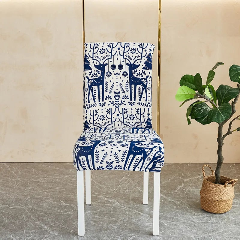 Anyseat Chair Cover White Blue Xmas Deer Pattern with Anti-Dirt and Elastic Material for Dining Room Kitchen Wedding Hotel Banquet Restaurant