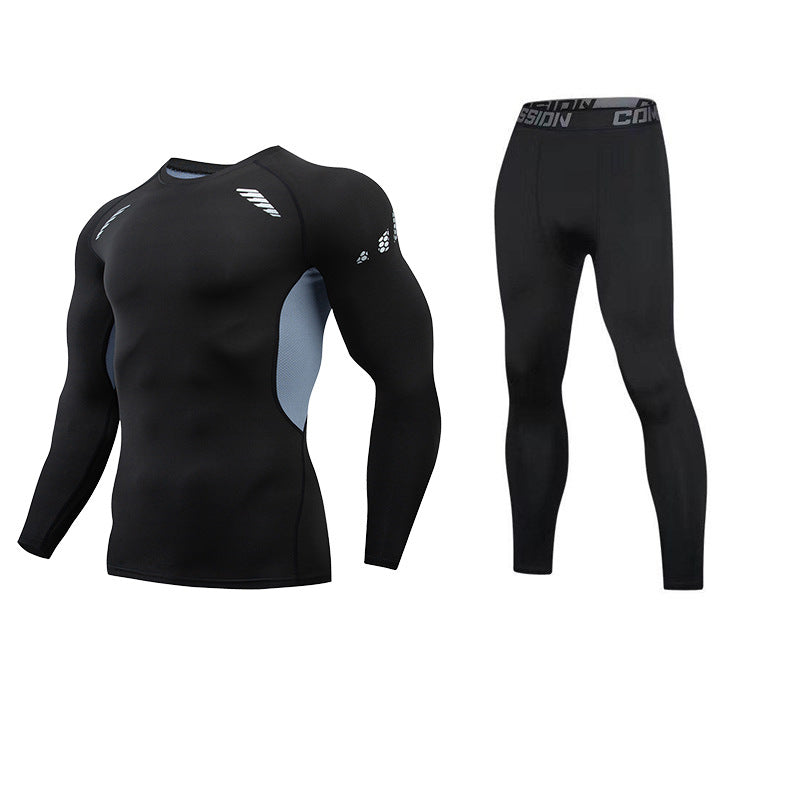 ANYMENS Fitness Clothes Black Set 2pcs Men Compression Grey Line Sportswear Suit Gym Tight Sports Running Workout Jogging Tracksuit Pants