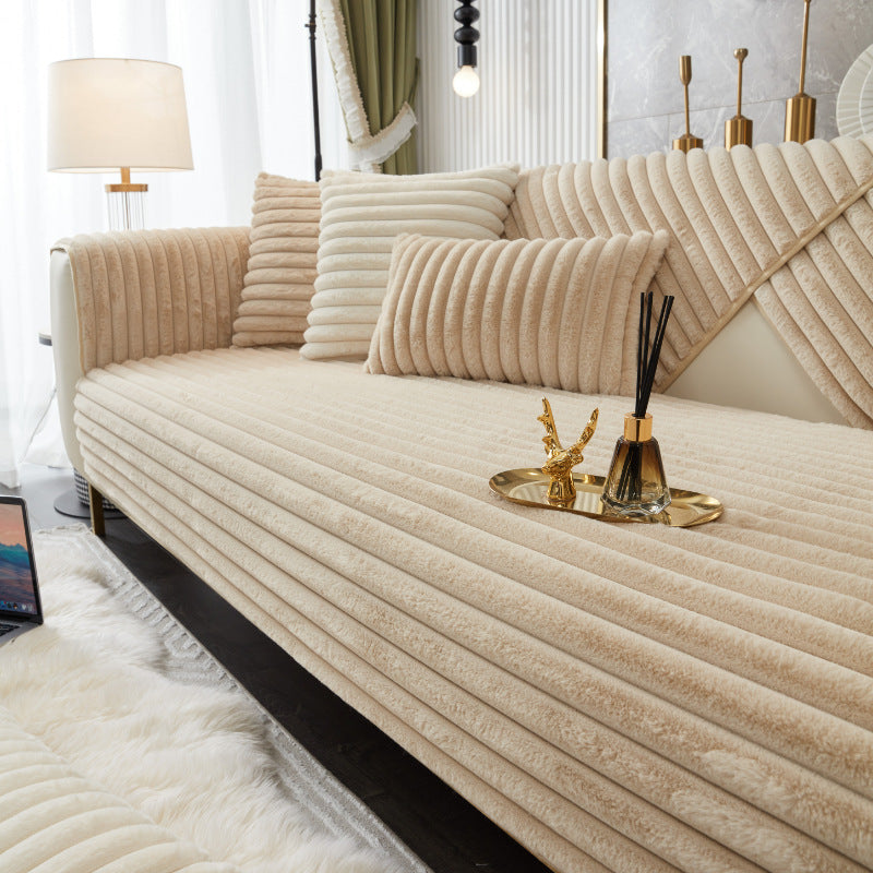 Anyseat Sofa Towel Super Soft Linear Camel Rabbit Plush Quilted Couch Cover L-shaped Sectional Anti-slip Sofa Cover