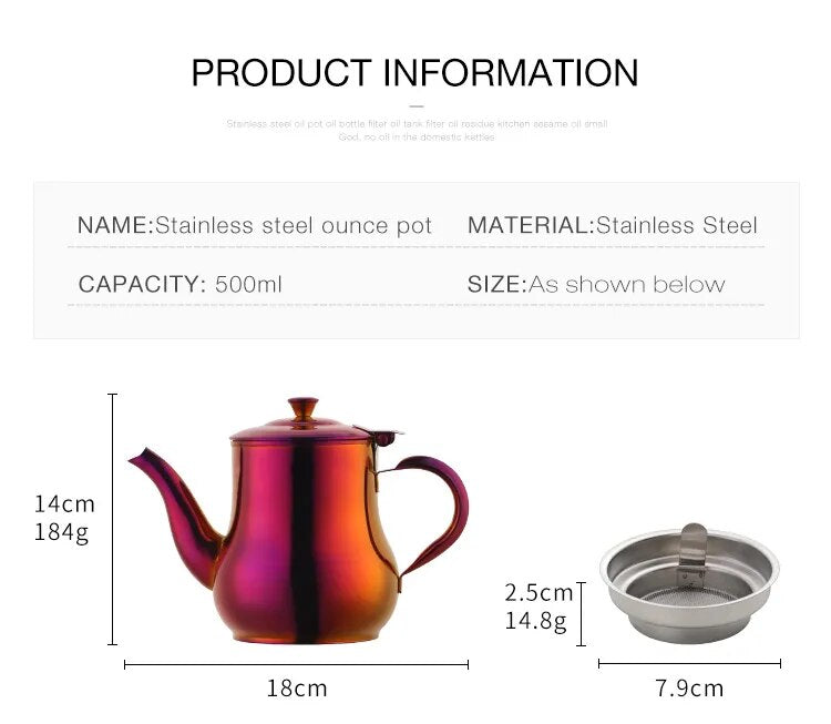 Anygleam Teapot Red Rainbow Stainless Steel with Filter for Coffee, Tea, Oil  and Liquid Seasonings Container Kettle
