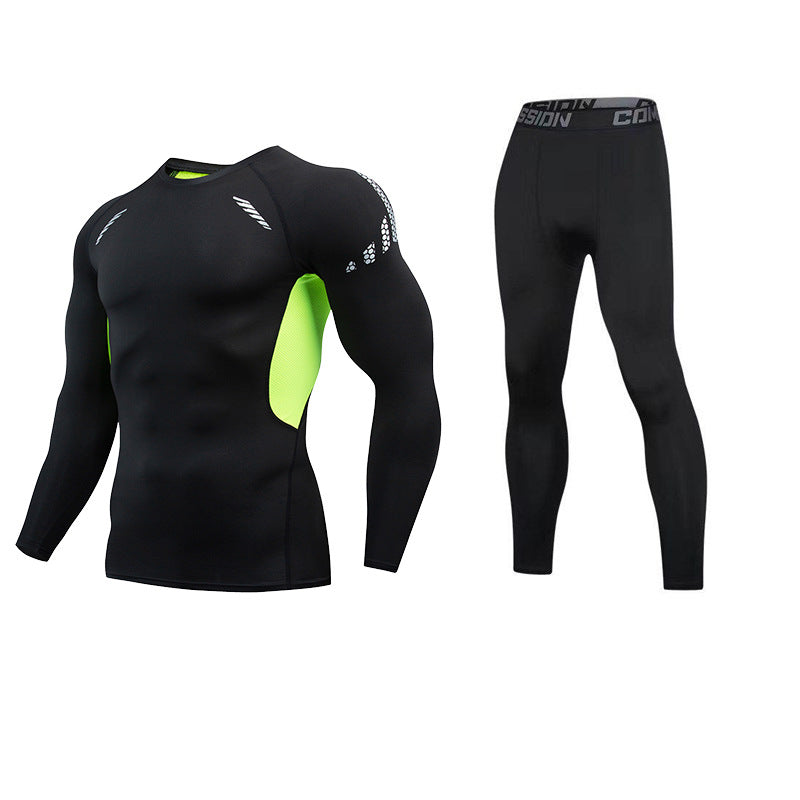 ANYMENS Fitness Clothes Black Set 2pcs Men Compression Green Lining Sportswear Suit Gym Tight Sports Running Workout Jogging Tracksuit Pants