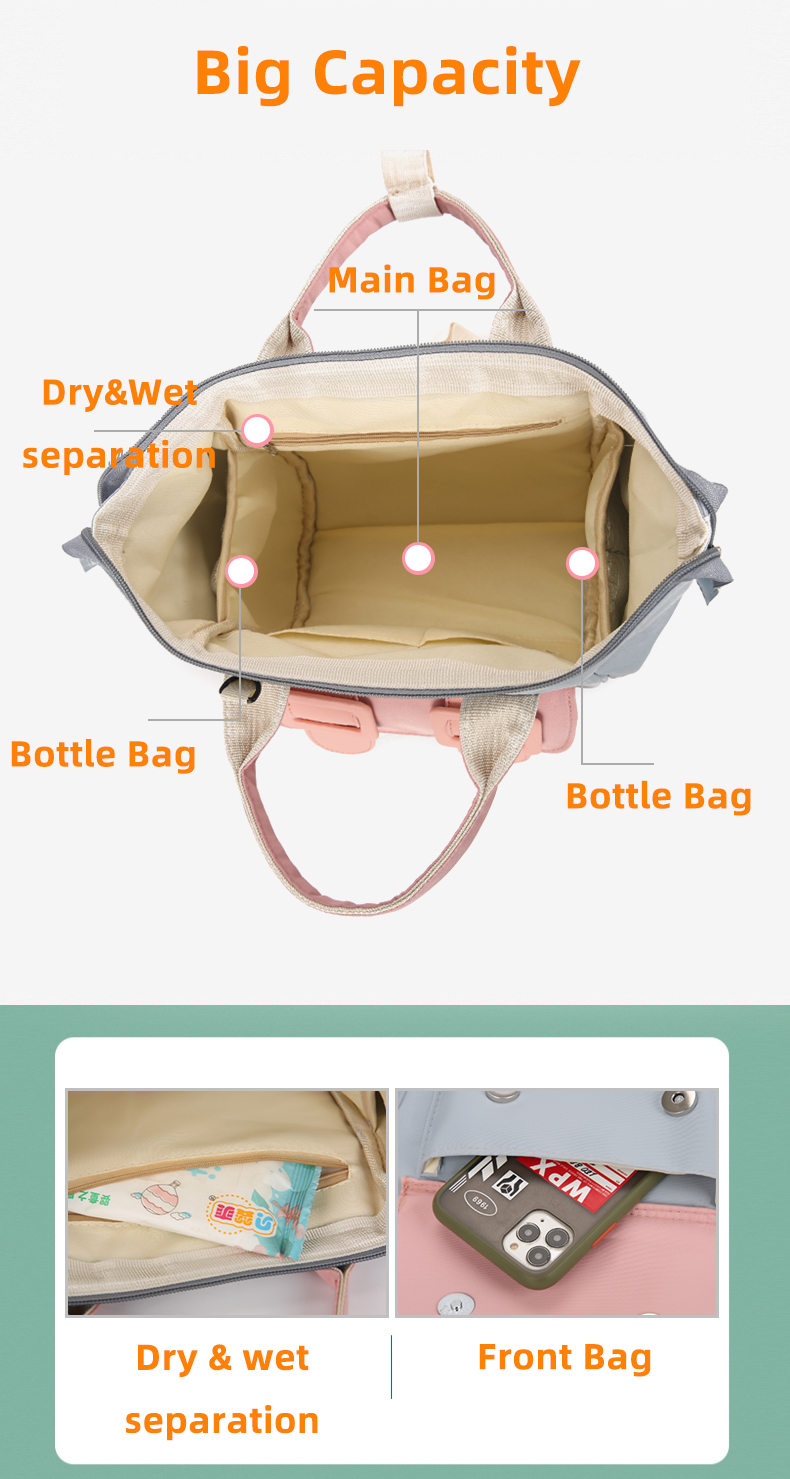 Anymom Mommy Diaper Bag Pink Backpack Big Capacity Handbag Stroller for Moms Detachable Strap Maternity Shoulder Bag