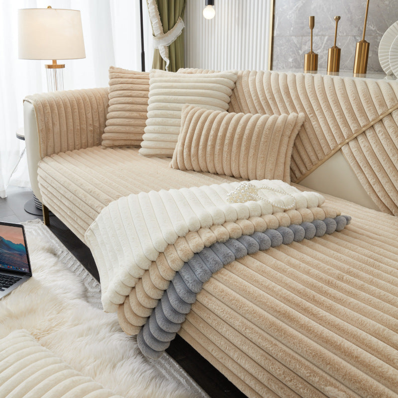 Anyseat Sofa Towel Super Soft Linear Camel Rabbit Plush Quilted Couch Cover L-shaped Sectional Anti-slip Sofa Cover