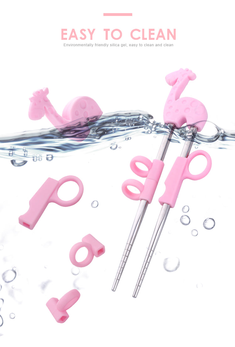 Anygleam Chop Stick Pink Giraffe 1 Pair Reusable Gold  Stainless Steel Cartoon for Kids and Children Kitchen Accessories
