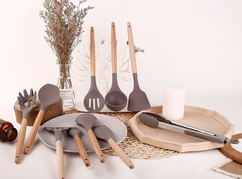 Anygleam Kitchen Utensils 8 Set Natural Beech Wooden Handle Cookware Tool with Storage Heat Resistant Non Stick Accessories