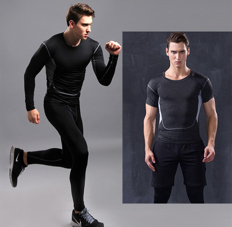ANYMENS Fitness Clothes Black Set 2pcs Men Compression Front Lining Sportswear Suit Gym Tight Sports Running Workout Jogging Tracksuit Pants