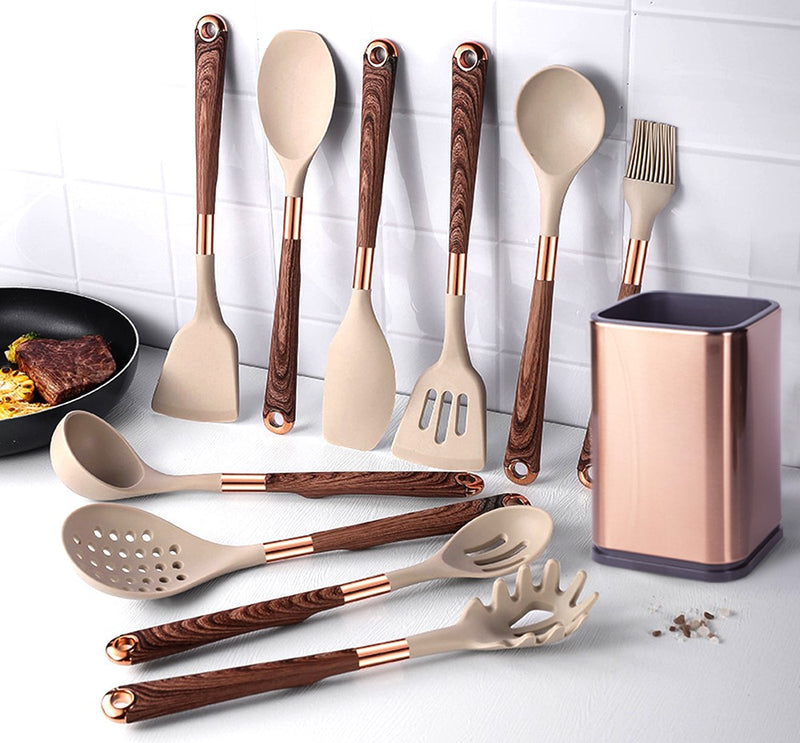 Anygleam Kitchen Utensils Non-stick Brown 10 Set Gold Plated Handle with Support Point Cooking Tool Accessories Heat Resistant Kitchenware