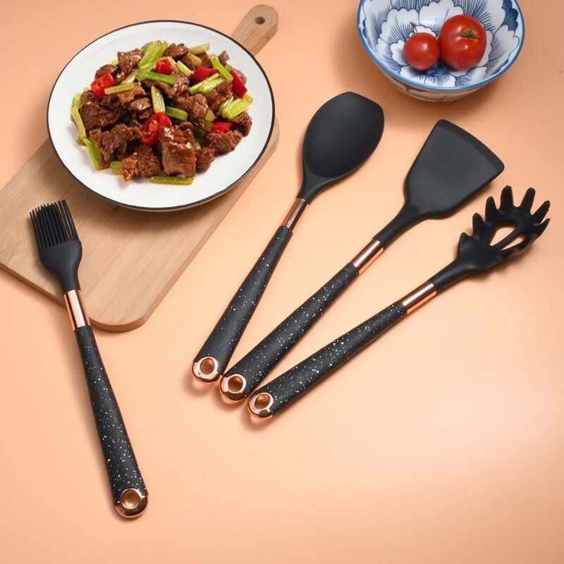 Anygleam Kitchen Utensils Non-stick Black 10 Set Gold Plated Handle with Support Point and Storage Box Cooking Tool Accessories Heat Resistant Kitchenware