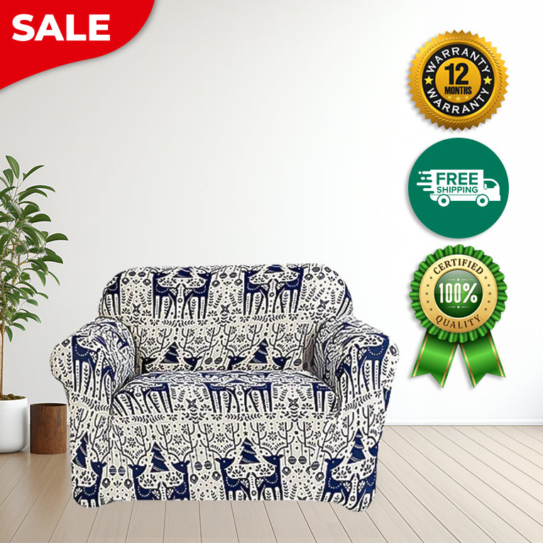 Anyseat Sofa Cover Blue Christmas Reindeer Design Stretchable Non Slip Slipcover