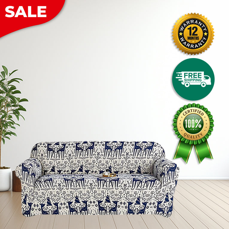 Anyseat Sofa Cover Blue Christmas Reindeer Design Stretchable Non Slip Slipcover