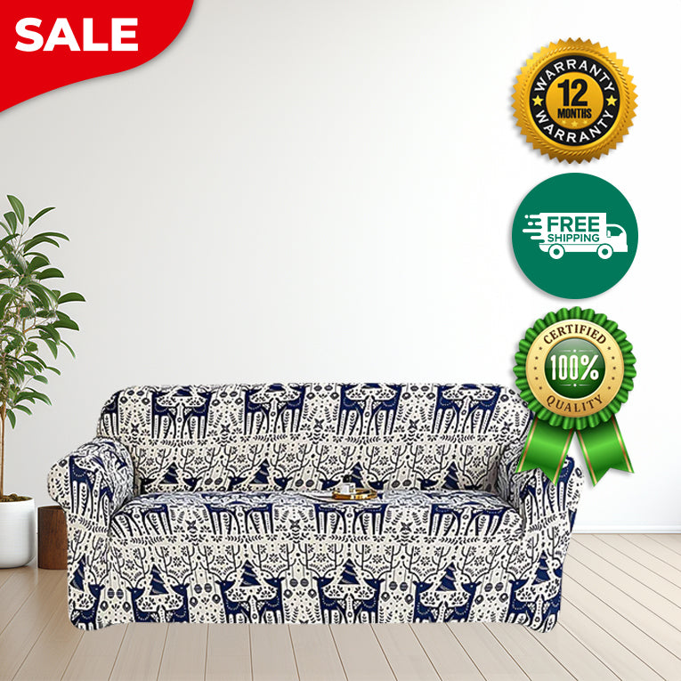 Anyseat Sofa Cover Blue Christmas Reindeer Design Stretchable Non Slip Slipcover