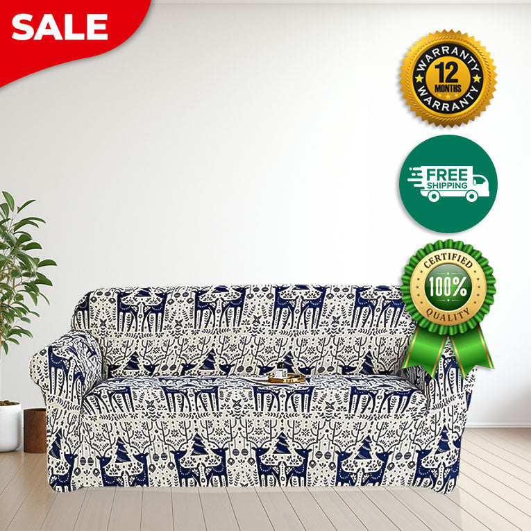 Anyseat Sofa Cover Blue Christmas Reindeer Design Stretchable Non Slip Slipcover