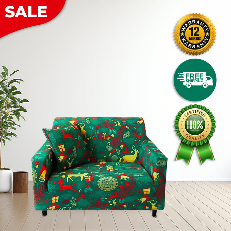 Anyseat Sofa Cover Green Christmas Reindeer Design Stretchable Non Slip Slipcover