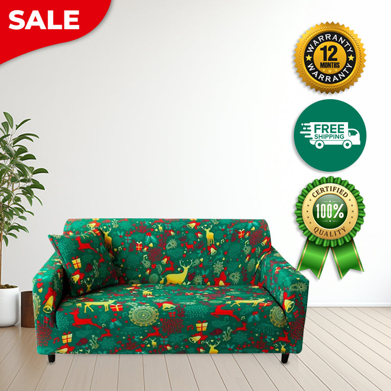 Anyseat Sofa Cover Green Christmas Reindeer Design Stretchable Non Slip Slipcover