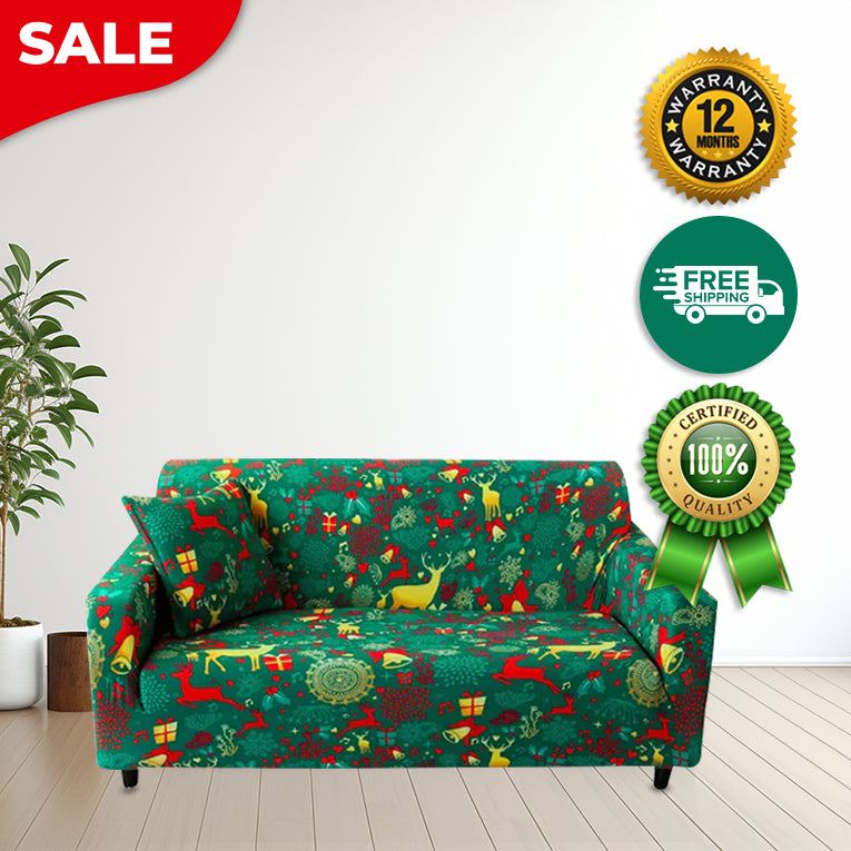 Anyseat Sofa Cover Green Christmas Reindeer Design Stretchable Non Slip Slipcover